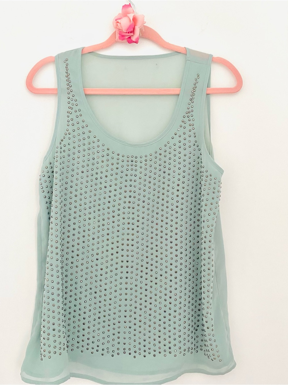 💕Pretty Pastel Green Embellished Sleeveless Blouse Top SZ M